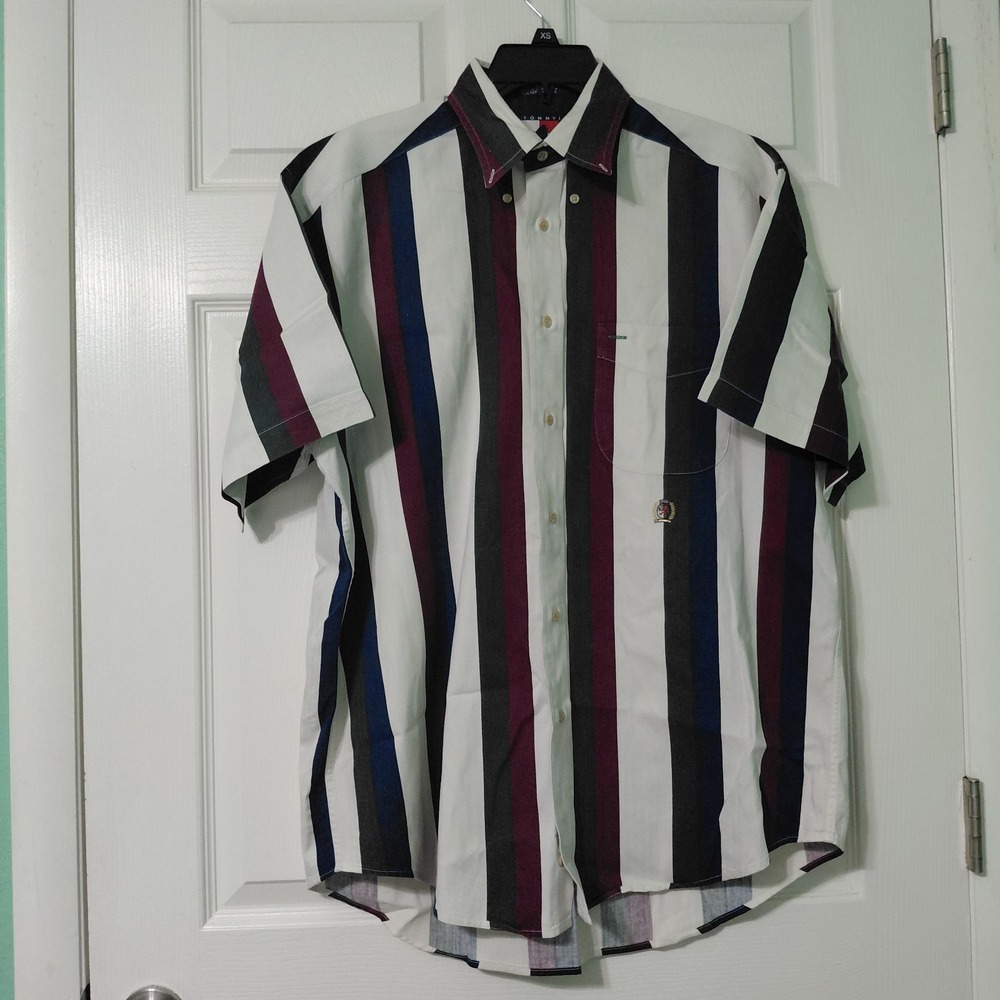 Vintage Tommy Hilfiger Button Down Shirt Mens M Striped Short Sleeve Cotton Logo